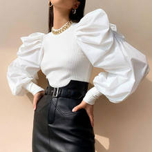 Blusa retrô manga bufante longa, camisa feminina elegante e estilosa, cores sólidas, preto e branco, primavera e outono, 2020 2024 - compre barato