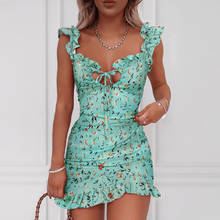 Женское мини-платье с цветочным принтом, вечерние глубоким V-образным вырезом и коротким рукавом 2024 - купить недорого