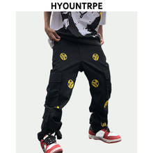 Mens High Street Smilely Loose Cargo Pants Casual Zipper Straight Jeans Hip Hop Side Pockets Loose Fit Streetwear Casual Joggers 2024 - buy cheap