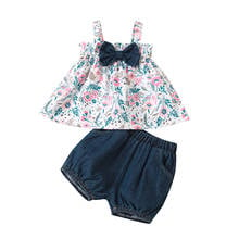 2021 0-3Y Children Girl Clothing Summer Sweet Style Floral Plant Printing Sleeveless Suspender Top Bow Blouse+Denim Shorts Set 2024 - buy cheap