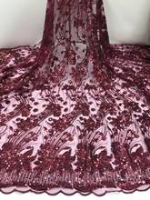 High Quality African Lace Fabrics Wine Color Nice French Embroidery Sequins Tulle Lace Fabric For Nigerian Party Dress FJ3286 2024 - buy cheap