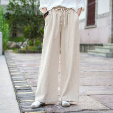 Calça feminina linho elástico, peça calça feminina cintura larga folgada 2024 - compre barato