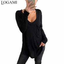 Logami blusa feminina manga comprida gola v folgada, camiseta para mulheres nova primavera 2020 bolso camisetas tops 2024 - compre barato