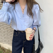 Shirts Women V-neck Ruffles Button Folds  Elegant Flare Sleeve Korean Style Vintage Spring New Trendy Simple Causal Ins Classic 2024 - buy cheap