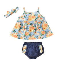 Baby Girls Three-piece Clothes Sets Blue Floral Printed Pattern Sleeveless Boat Neck Tops Shorts and Headdress 2024 - buy cheap