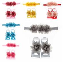 Fashion Baby Barefoot Sandals with Chiffon Flower Newborn Sandals Baptism Shoes Infant Headband Sets Photo Props Birthday Gifts 2024 - buy cheap