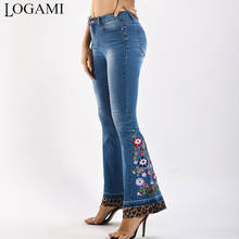 LOGAMI-pantalones vaqueros con bordado Floral para mujer, Jeans elásticos ajustados de campana, retales de leopardo, otoño 2024 - compra barato