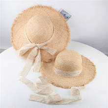 Шляпа из рафии для детей и взрослых ZZ518, Пляжная соломенная шляпа с кружевным бантом, для путешествий, для женщин 2024 - купить недорого
