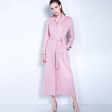 Новое элегантное розовое шерстяное пальто на осень и зиму, Женская ветровка, базовая длинная облегающая кашемировая женская верхняя одежда большого размера с поясом 2024 - купить недорого