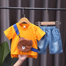 Дешевая акция, летняя детская одежда, Детский костюм для мальчиков, футболка с коротким рукавом + джинсы, комплект одежды из 2 предметов для маленьких мальчиков 2024 - купить недорого