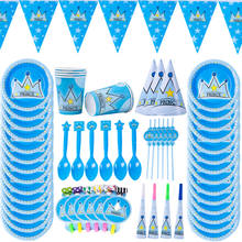 Juego de vajilla desechable para fiesta de nacimiento de niño, suministros de Decoración de cumpleaños con corona de príncipe azul, vasos de papel, servilletas y platos, novedad 2024 - compra barato