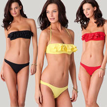 Sexy Ladies Bikini Set Low Waist Thong Swimsuit Push-up Swimsuit Solid Color Ruffled Bikini Beachwear Women Swimsuit 2024 - buy cheap