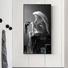 Moderno preto e branco menina pintura da lona asas de anjo posters e cópias da arte parede fotos para sala estar cuadros 2024 - compre barato