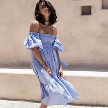 Boho Inspired BLUE GINGHAM cotton midi dress for women smocked bodice tiered boho dress puff sleeve bow tied cute summer dress 2024 - buy cheap