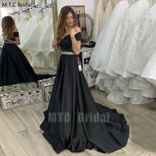 Длинное черное атласное платье для выпускного вечера с бисером, поясом, открытыми плечами, а-силуэт, большие размеры, торжественное платье, дешевые свадебные вечерние платья 2024 - купить недорого