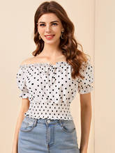 Summer Polka Dot Chiffon Shirt Women Slash Neck Off Shoulder Crop Top 2021 New Short Sleeve Ruched Short Blouse 2024 - buy cheap