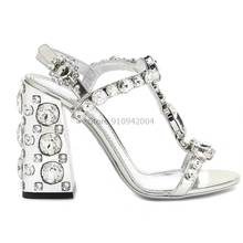 New Summer High Heels Girls Shoes Silver Chunky Crystal Sandals Princess Student Performance T Strap Heels 2024 - buy cheap