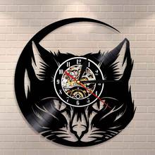 Meow Cat Head Wall Clock Black Cat Vinyl Record Clock Wall Art Cat Shop Decor Vintage Animals Cat Lover Home Decorative Clock 2024 - buy cheap