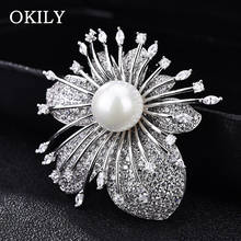OKILY AAA Zirconia Flower Pin and Brooches Silver-color Simulated Pearl Decoration Brooch for Women Wedding  Jewelry Accessories 2024 - buy cheap