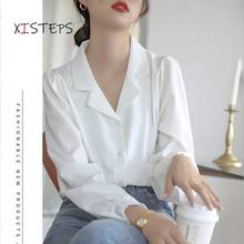 Blusa blanca de manga larga para mujer, camisa elegante con cuello vuelto, ropa de oficina, color liso 2024 - compra barato