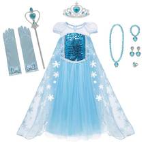 Muababy meninas elsa fantasiar-se fantasia manga curta o pescoço lantejoulas rendas rainha princesa traje elza halloween vestido para a menina 2024 - compre barato