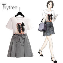 Trytree 2020 Summer Women two piece set Casual O-neck Bow Loose T-shirt Tops + Skirt Stripe Belt Fashion Set 2 piece set 2024 - buy cheap