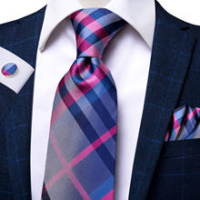Hi-tie gravata roxa xadrez grande masculina, conjunto de luxo, gravatas de seda azul para homens, design moderno, abotoaduras, conjunto de gravata de qualidade para casamento 2024 - compre barato