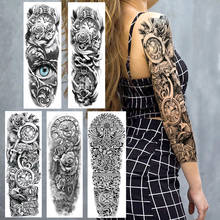 Black Full Arm Fake Temporary Tattoos For Women Men Sketch Rose Clock Tattoo Sticker Waterproof Realistic 3D Eye Tatoos Body Art 2024 - buy cheap