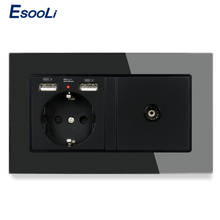 Esooli EU Standard Wall Socket 2 USB Charge Port With Hidden Soft LED + Female TV Connector Tempered Glass Frame 2024 - buy cheap