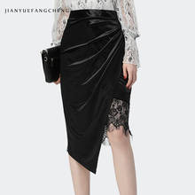 Fashion Womens Black Velour Midi Skirts With Lace Ruffle Irregular Shirring Sexy Elegant Office Ladies Wrapped Pencil Skirts 2024 - buy cheap