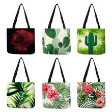 New Poster Style Women Shoulder Bag 2018 Cactus Plant Flower Printed Tote Bags Eco Linen Ladies Shopping Foldable Handbag 2024 - buy cheap