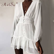 ArtSu-Vestido corto blanco de gasa con manga larga para primavera y verano, minivestido Sexy con escote en V y volantes para Mujer, 2020 2024 - compra barato