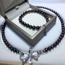 free shipping  Jewelry natural 8-9mm black pearl necklace bracelet set micro inlay zircon crystal clasp 2024 - buy cheap