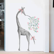 Decalques de parede com girafa, papel de parede decorativo de vinil com flores nórdicas, para decoração de casa, sala de estar, quarto, atrás 2024 - compre barato