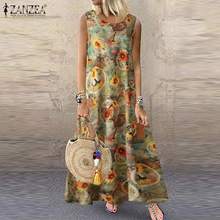 2021 ZANZEA Summer Sundress Bohemian Women Floral Printed Long Dress Vintage Sleeveless Cotton Linen Beach Vestido Plus Size 2024 - buy cheap
