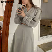 BGTEEVER Vintage Full Sleeve Women V-neck Midi Dress Autumn Slim Waist Sashes Belted Ladies A-line Dress Vestidos Femme 2020 New 2024 - buy cheap