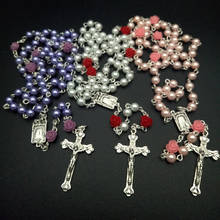 Collar con forma de cruz de Jesús, cadena con cuentas de perlas de imitación de 6mm de largo, religioso, cristiano, Virgen María, colgante 2024 - compra barato