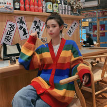 Зимний вязаный Радужный кардиган для женщин, повседневный Свободный Топ, полосатый свитер, женский джемпер оверсайз, одежда ЛГБТ в Корейском стиле 2024 - купить недорого