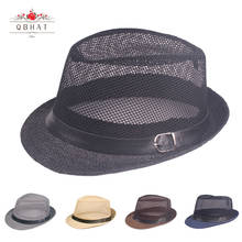 QBHAT Summer Unisex Paper Straw Jazz Hat Short Brim Mesh Fedora Hat with Belt Buckle Party Beach Cap Sunhat for Men Women 2024 - buy cheap
