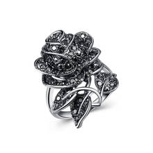 В винтажном стиле; Цвет Черный; С цветком розы, кольца для женщин, с фианитами с креплением микро-паве ювелирное изделие для помолвки, свадьбы, женские вечерние кольцо на палец 2024 - купить недорого