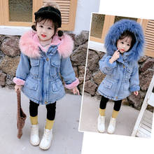 Winter girls denim jacket children cotton hooded windbreaker children thick warm hooded fur collar coat jacket 2024 - buy cheap