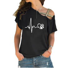 Camiseta de algodón de manga corta para mujer, camisa con estampado de huellas de corazón y amor, corte Irregular, Bandage cruzado 2024 - compra barato