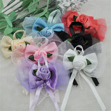 7pcs ribbon flowers bows rose w/bead leaf wedding sewing crafts appliques B55 2024 - buy cheap