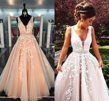 Ball Gown Real Prom Dresses V Neck Appliqued Lace Tulle Floor Length Backless Blush Pink Formal Evening Gowns Vestidos De Fiesta 2024 - buy cheap