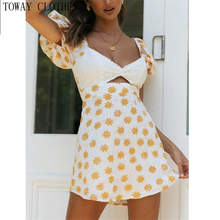 Women Summer 2021 Newest Puffed Sleeve Hollow Out Floral Print Cut Out Mini Dress 2024 - buy cheap