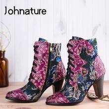 Johnature 2022 New High Heels Boots Women Shoes Genuine Leather Mixed Colors Handmade National Style Zip Winter Platform Boots 2024 - buy cheap