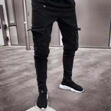 Мужские модные тонкие джинсы скинни, длинные брюки-карандаш в стиле хип-хоп, рваные джинсы с несколькими карманами, джинсы для пробежек 2024 - купить недорого