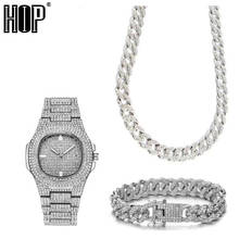 Full Necklace +Watch+Bracelet Hip Hop Miami Curb Cuban Chain Gold Iced Out Paved Rhinestones CZ Bling For Men Jewelry 2024 - buy cheap