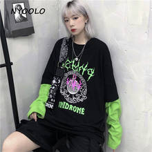 NYOOLO Harajuku fluorescent green letters print fake 2 piece patchwork tee shirt Autumn street long sleeve T-shirt women men top 2024 - buy cheap