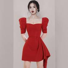 Menahem Red Sexy Club Draped Short Dress Elegant Black Puff Sleeve Square Collar Work Wear Streetwear Retro Party Summer Dress 2024 - buy cheap